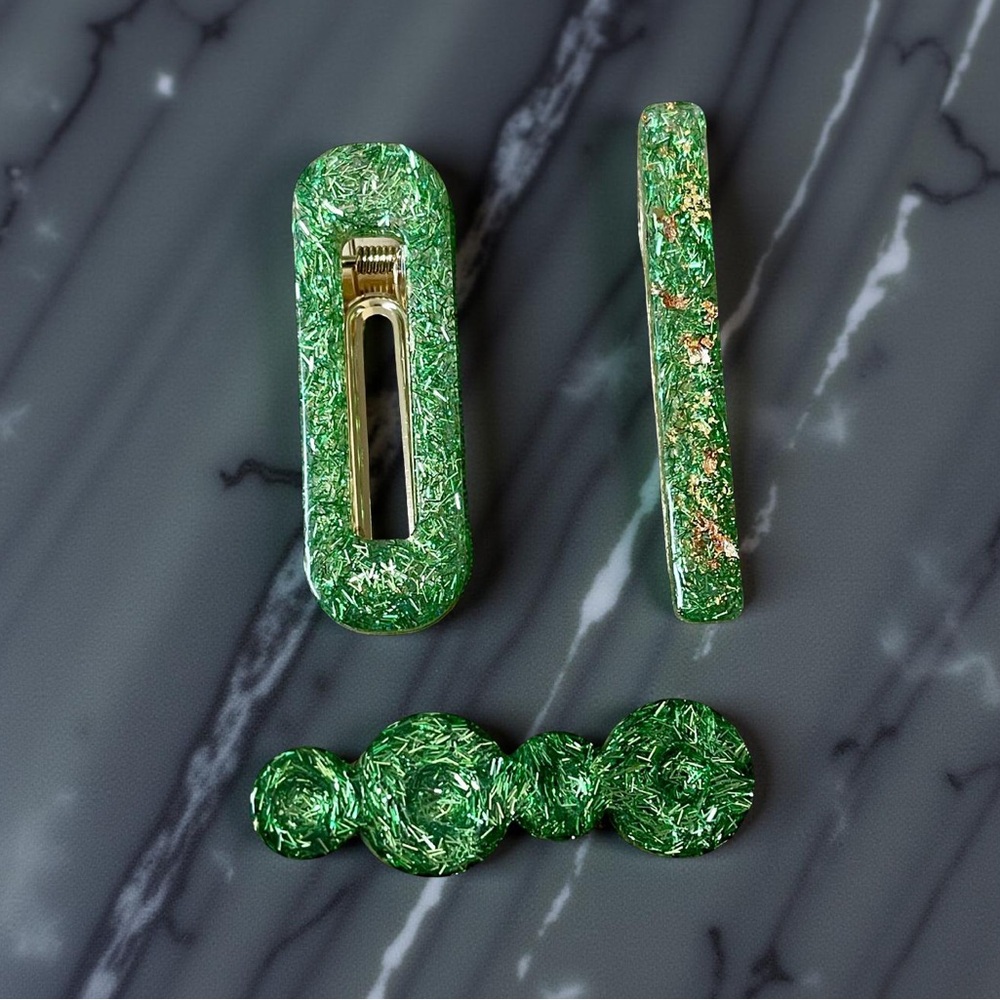 Glitter Green Aligator Hair Clip Set/3 - Picture 3 of 12